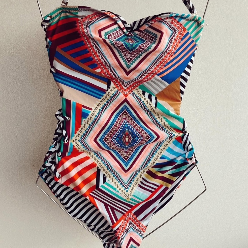 Red Carter Multicolor Geometric One-Piece Swimsuit — Pink, Blue, Teal, Mustard - Picture 12 of 14